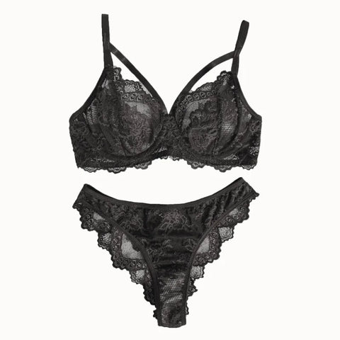 Eyelash Sxy Fancy Lace Strapping Underwire Bra &  Brazilian Panties