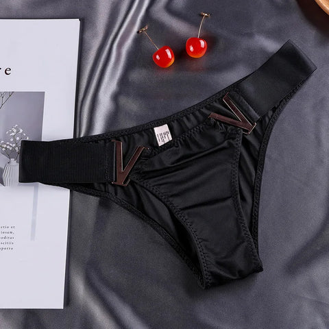 European and American Sexy T-Back Women's Metal V-Shaped Female Fashion Ice Silk Hip Lifting Sport Fitness Low Waist Panties T-T
