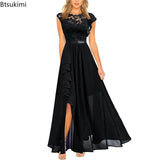 High Waist Round Neck Party Wedding Fashion Dress Robe Vintage Spliced Lace Chiffon Dress