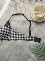 Women's lingerie set with black and white checkered pattern and steel ring gathering push up sexy bra set