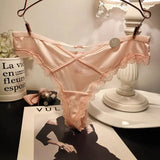 SP&CITY French Satin Sexy Women's Thongs Temptation Lace Embroidery Hollow Out Pantie