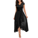 High Waist Round Neck Party Wedding Fashion Dress Robe Vintage Spliced Lace Chiffon Dress