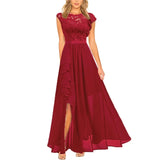 High Waist Round Neck Party Wedding Fashion Dress Robe Vintage Spliced Lace Chiffon Dress