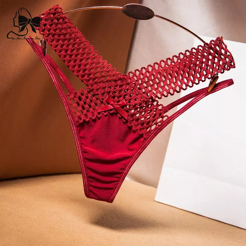 Cross Cut Ice Silk Thong  Sports Fashion Perspective Low Waist Ribbons Thongs Pantie