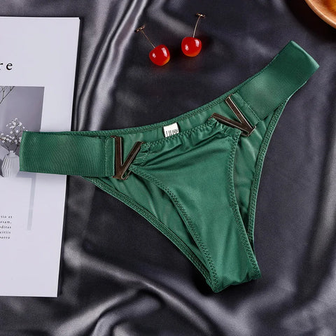 European and American Sexy T-Back Women's Metal V-Shaped Female Fashion Ice Silk Hip Lifting Sport Fitness Low Waist Panties T-T