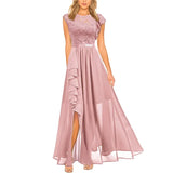 High Waist Round Neck Party Wedding Fashion Dress Robe Vintage Spliced Lace Chiffon Dress
