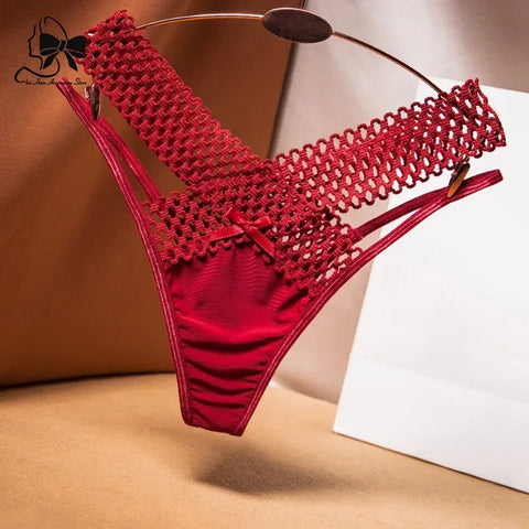 Cross Cut Ice Silk Thong  Sports Fashion Perspective Low Waist Ribbons Thongs Pantie