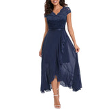 High Waist Round Neck Party Wedding Fashion Dress Robe Vintage Spliced Lace Chiffon Dress