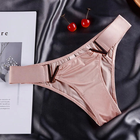 European and American Sexy T-Back Women's Metal V-Shaped Female Fashion Ice Silk Hip Lifting Sport Fitness Low Waist Panties T-T