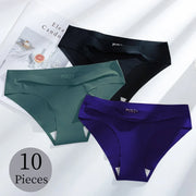 10PCS/Set Seamless Women's Panties Solid Color Silk Satin Underwear Breathable Comfortable Briefs