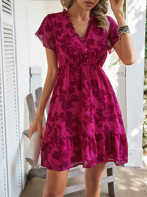 Spring/Summer New High end Light Luxury Style Short sleeved V-neck Mid length Dress Slim Fit Leisure Beach Dress