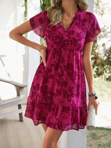 Spring/Summer New High end Light Luxury Style Short sleeved V-neck Mid length Dress Slim Fit Leisure Beach Dress