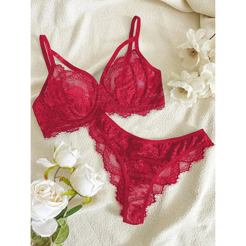 Eyelash Sxy Fancy Lace Strapping Underwire Bra &  Brazilian Panties