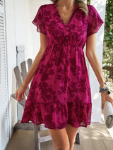 Spring/Summer New High end Light Luxury Style Short sleeved V-neck Mid length Dress Slim Fit Leisure Beach Dress