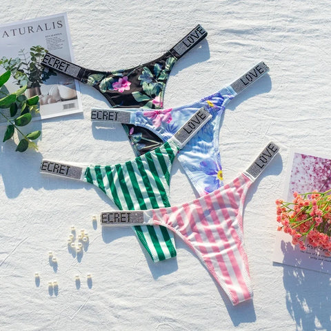 Fashionable ladies lingerie short waist ladies lingerie style, crystal letters comfortable pink thong sexy swimming trousers