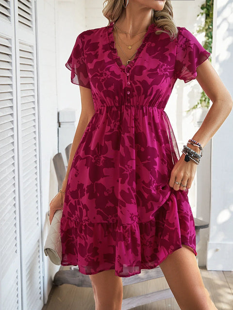 Spring/Summer New High end Light Luxury Style Short sleeved V-neck Mid length Dress Slim Fit Leisure Beach Dress