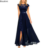 High Waist Round Neck Party Wedding Fashion Dress Robe Vintage Spliced Lace Chiffon Dress