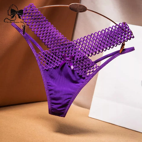 Cross Cut Ice Silk Thong  Sports Fashion Perspective Low Waist Ribbons Thongs Pantie