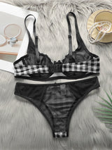 Women's lingerie set with black and white checkered pattern and steel ring gathering push up sexy bra set