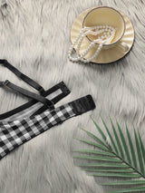 Women's lingerie set with black and white checkered pattern and steel ring gathering push up sexy bra set