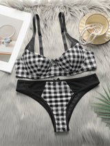 Women's lingerie set with black and white checkered pattern and steel ring gathering push up sexy bra set