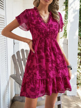 Spring/Summer New High end Light Luxury Style Short sleeved V-neck Mid length Dress Slim Fit Leisure Beach Dress