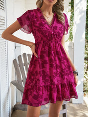 Spring/Summer New High end Light Luxury Style Short sleeved V-neck Mid length Dress Slim Fit Leisure Beach Dress
