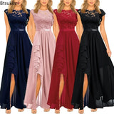 High Waist Round Neck Party Wedding Fashion Dress Robe Vintage Spliced Lace Chiffon Dress
