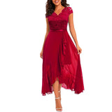 High Waist Round Neck Party Wedding Fashion Dress Robe Vintage Spliced Lace Chiffon Dress