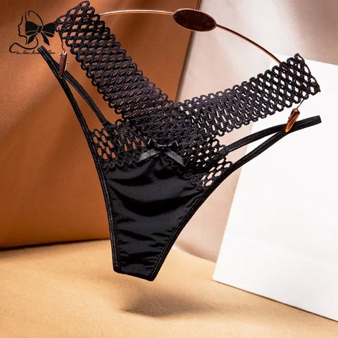 Cross Cut Ice Silk Thong  Sports Fashion Perspective Low Waist Ribbons Thongs Pantie
