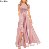 High Waist Round Neck Party Wedding Fashion Dress Robe Vintage Spliced Lace Chiffon Dress