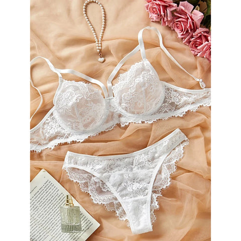 Eyelash Sxy Fancy Lace Strapping Underwire Bra &  Brazilian Panties