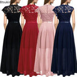 High Waist Round Neck Party Wedding Fashion Dress Robe Vintage Spliced Lace Chiffon Dress