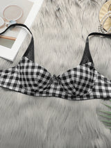 Women's lingerie set with black and white checkered pattern and steel ring gathering push up sexy bra set