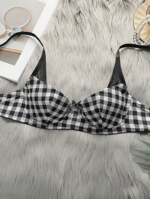 Women's lingerie set with black and white checkered pattern and steel ring gathering push up sexy bra set