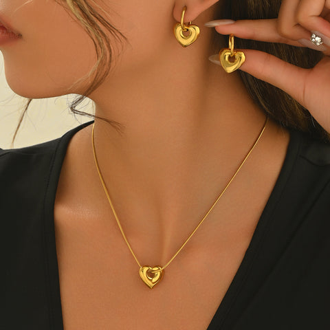 Luxury 18K Gold Plated Hollow Heart Jewelry Set  Mirror Polish Hypoallergenic Necklace   Earrings For Women